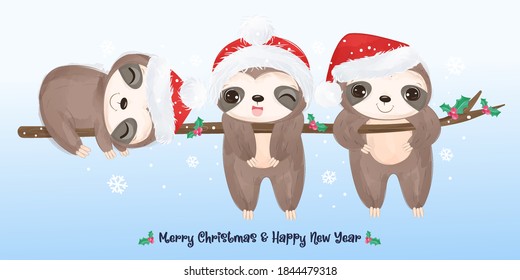 Cute Christmas greeting card with cute animals illustration. Christmas and winter decoration.