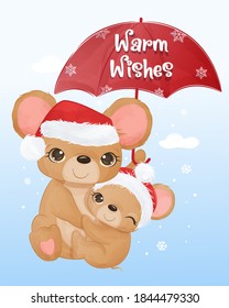 Cute Christmas greeting card with cute animals illustration. Christmas and winter decoration.