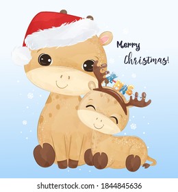 Cute Christmas greeting card with cute animals illustration. Christmas and winter decoration.