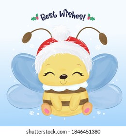 Cute Christmas greeting card with cute animals illustration. Christmas and winter decoration.