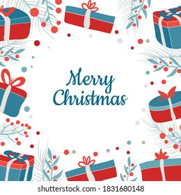 Cute Christmas Greeting card background with gift and plant decoration, cute and trendy with red and turquoise color