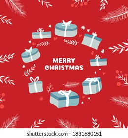 Cute Christmas Greeting card background with gift and plant decoration, cute and trendy with red and turquoise color