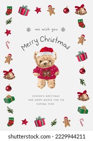 cute Christmas greeting card with bear doll in Christmas items border vector illustration