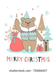 Cute Christmas greeting card with bear. Vector illustration