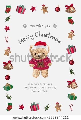 cute Christmas greeting card with bear doll in Christmas items border vector illustration
