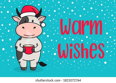Cute Christmas greeting card with bull, cow or ox, symbol of the year 2021 according to Chinese calendar, the text "warm wishes". Vector stock ready-to-print illustration for postcard, posters