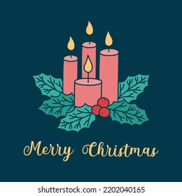 Cute Christmas greeting card with candles and holly leaves. Square vector illustration of four candles and ilex leaves. Composition of Christmas Advent symbol on dark background.