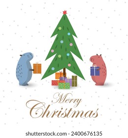 Cute Christmas greeting card with capybaras,tree and gifts. Vector illustration