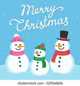 Cute Christmas greeting card  Cartoon snowman family (mom  dad   child) and text Merry Christmas 