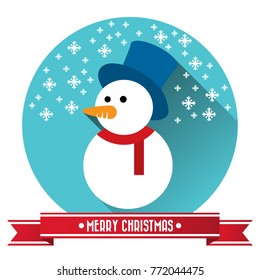 Cute Christmas greeting card. Cartoon snowman icon with text Merry Christmas.  