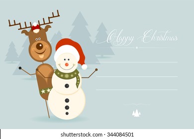 Cute Christmas greeting card with Christmas characters. Flat design style