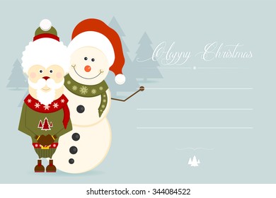 Cute Christmas greeting card with Christmas characters. Flat design style