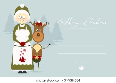 Cute Christmas greeting card with Christmas characters. Flat design style