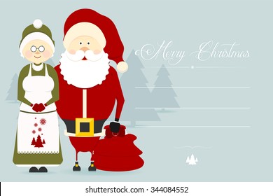 Cute Christmas greeting card with Christmas characters. Flat design style