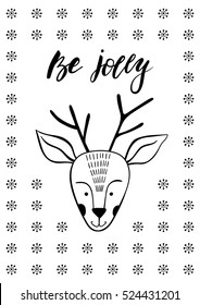 Cute Christmas greeting card with deer. Hand drawn vector illustration