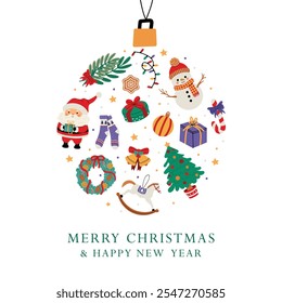 Cute christmas greeting card design. Festive bauble illustration filled with holiday elements, including Santa, snowman, gifts, wreath, tree, and ornaments. Vector illustration on white background.