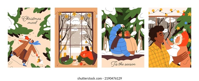 Cute Christmas greeting card designs set. Happy Xmas postcard backgrounds with people, couple on cozy winter holiday evening, magic noel and New Year vacation. Flat graphic vector illustrations