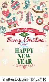 Cute Christmas greeting card with different Christmas ornaments for banners and decorations.