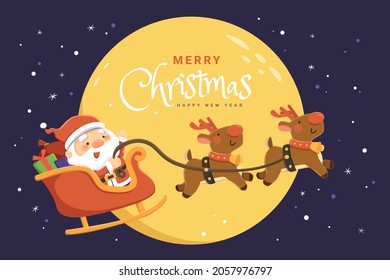 Cute Christmas greeting card. Flat illustration of Santa Claus riding reindeers chariot passing by a large full moon on Xmas eve