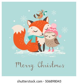 Cute Christmas Greeting Card With Fox And Owl.