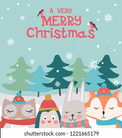 Cute Christmas greeting card with fun animals characters. Vector illustration