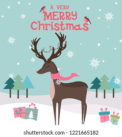 Cute Christmas greeting card with fun animals characters. Vector illustration