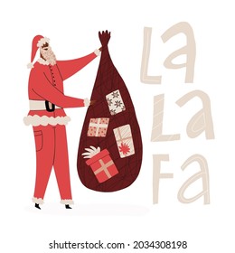 Cute Christmas greeting card with hand lettering Fa la la. Modern African Santa Claus holding a sack full of gift boxes with bow and ribbons. Vector cartoon illustration.