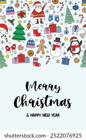 Cute Christmas greeting card with hand drawn ornaments. Vector illustration