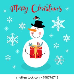Cute Christmas greeting card with hand drawn cartoon character of Snowman, snowflakes and lettering