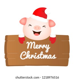 Cute Christmas greeting card with happy pig.

