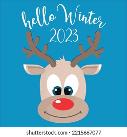 cute christmas greeting card hello winter with a deer drawn