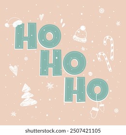 Cute Christmas greeting card.HO HO HO.Merry Christmas.New Year elements gifts,hat,fir tree,candy,cocoa, snowflakes and snow.Pastel colors.Great for banners,wallpapers,wrapping.