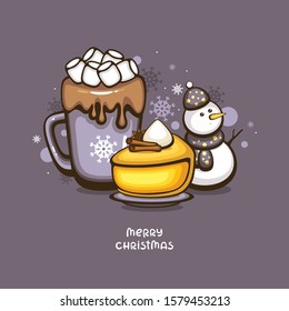 Cute Christmas greeting card. Hot chocolate with marshmallow, spiced pumpkin pie and funny Snowman. Vector illustration for winter menu decoration.