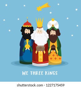 Cute Christmas greeting card, invitation with three magi bringing gifts and falling star. Biblical kings Caspar, Melchior, Balthazar and comet. Flat design, vector illustration background.