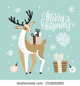 Cute Christmas greeting card, invitation with reindeer and gift boxes. Hand drawn design. Vector illustration background.