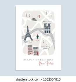 Cute Christmas greeting card, invitation with map of Paris. Hand drawn French streets, houses, Notre Dam cathedral and Eiffel tower. Winter design with warm dressed girl.Vector illustration background