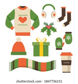 Cute Christmas greeting card, invitation with winter essential food, fashion and lifestyle icons. Knitted sweater, glove, socks, coffee, gift box and berries. Vintage flat design. Vector illustration