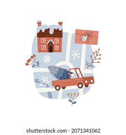 Cute Christmas greeting card - invitation template with map of snowy town. Hand drawn streets, houses and car. Winter scandinavian design. Vector flat hand drawn illustration background.