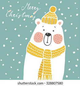 Cute christmas greeting card, invitation, with hand drawn polar bear wearing knitted scarf and hat, vector illustration background