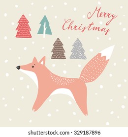 Cute christmas greeting card, invitation, with hand drawn fox in snowy wood, vector illustration background