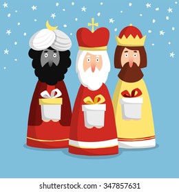 Cute Christmas greeting card, invitation with three kings, flat design, vector illustration background