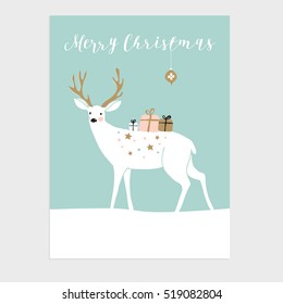 Cute Christmas greeting card, invitation with reindeer and gift boxes. Hand drawn design. Vector illustration background.