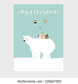 Cute Christmas greeting card, invitation with polar bear, gift boxes and Christmas balls. Hand drawn design. Vector illustration background.