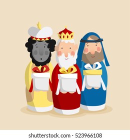 Cute Christmas greeting card, invitation with three magi bringing gifts. Biblical kings Caspar, Melchior and Balthazar. Flat design, vector illustration background.