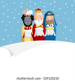 Cute Christmas greeting card, invitation with three magi bringing gifts and blank paper. Biblical kings Caspar, Melchior and Balthazar. Flat design, vector illustration background.