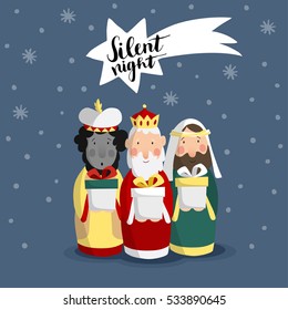 Cute Christmas greeting card, invitation with three magi bringing gifts and falling star. Biblical kings Caspar, Melchior, Balthazar. Hand lettered comet. Flat design, vector illustration background.