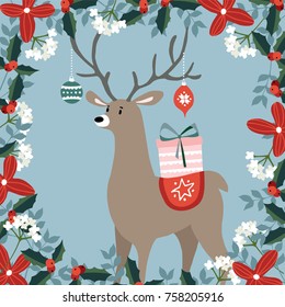 Cute Christmas greeting card, invitation with hand drawn deer bringing gift box and Christmas balls,  ornaments. Floral frame made of holly berries, evergreen branches. Vector illustration background.