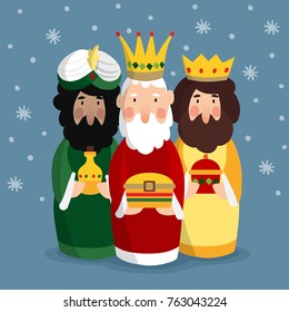 Cute Christmas greeting card, invitation with three magi. Biblical kings Caspar, Melchior and Balthazar. Vector illustration background with stars and falling snow.