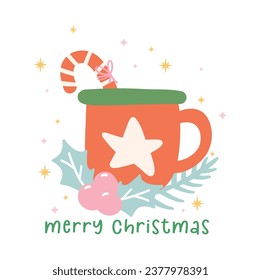 cute Christmas greeting card with red cup drink and candy cane. This minimal and cheerful design is perfect for creating a merry and bright greeting card that will spread joy and happiness.