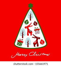Cute christmas greeting card with reindeer and tree, vector illustration